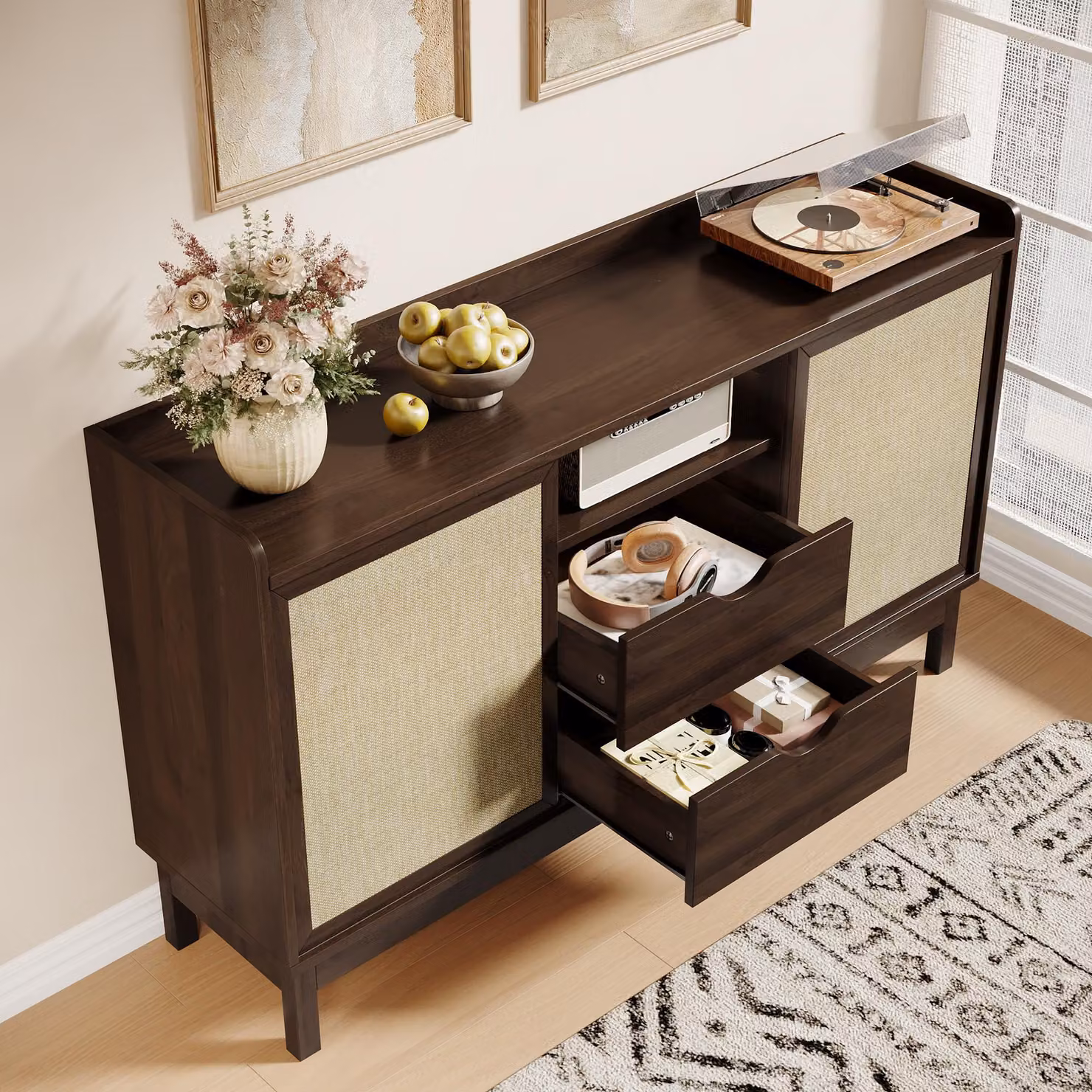 MODFU credenza con due cassetti Armadi da soggiorno con cassetti e spazio di archiviazione Armadio laterale con ante scorrevoli, per soggiorno e sala da pranzo, natura