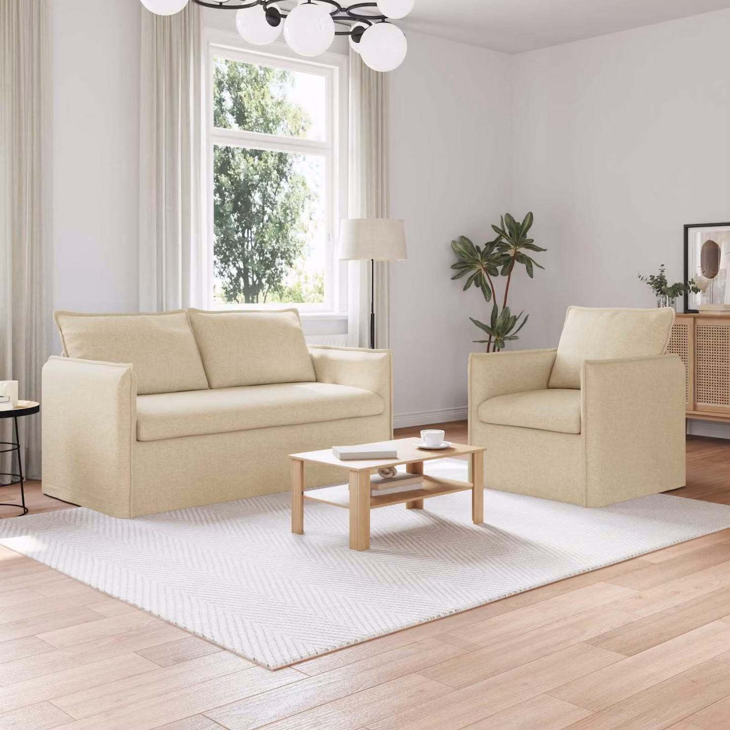 Set di 2 divani vidaXL in tessuto beige con struttura in metallo per soggiorno e camera da letto L/P/H: 196 x 82 x 85 cm – 1