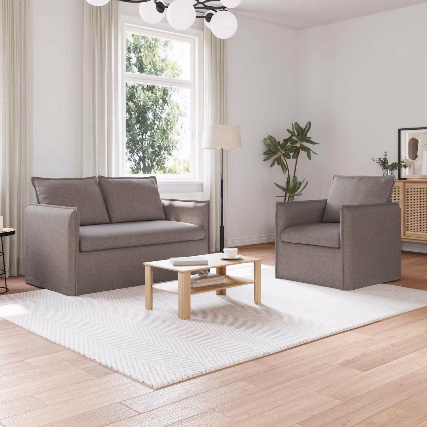 Set di 2 divani moderni vidaXL in tessuto beige o grigio con struttura in metallo e coperture rimovibili – 1
