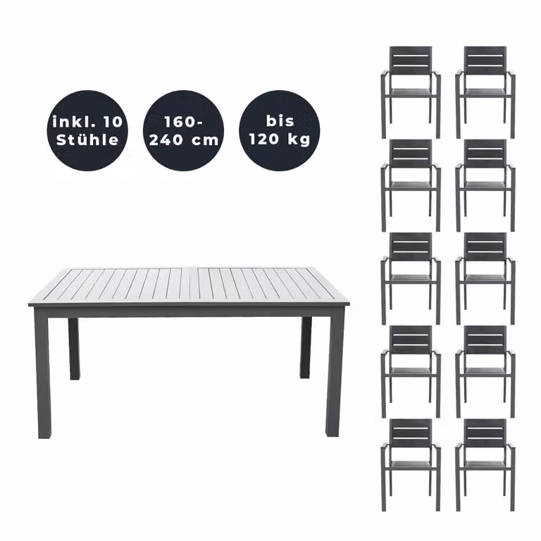 Home Deluxe - Tavolo da giardino allungabile - CASA - ca. 160 (240) x 100 x 74 cm - incl. 10 sedie, struttura in alluminio e piano del tavolo - incl. accessori I Set da giardino tavolo allungabile per balcone