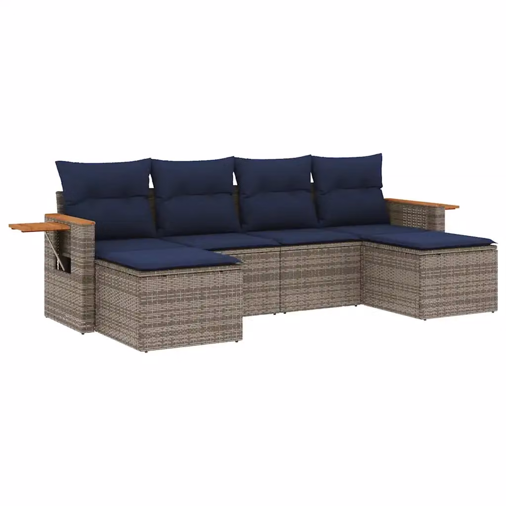 Set di divani da giardino vidaXL a forma di L composto da 6 pezzi in polyrattan con cuscini blu e grigi e tavolino da caffè – 2