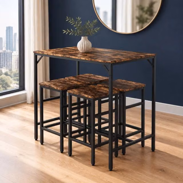 Set Tavolo Bar con 4 Sgabelli, 5 Pezzi in Truciolato Melaminico e Acciaio, 100x60x88 cm, Marrone Rustico/Nero