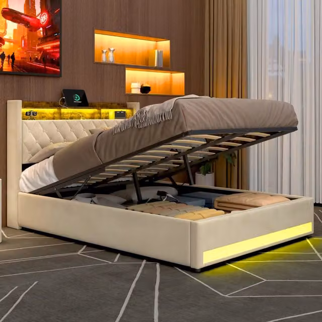 Letto contenitore 160x200 cm con LED; porte USB e prese; testiera con mensola; rete a doghe; velluto beige