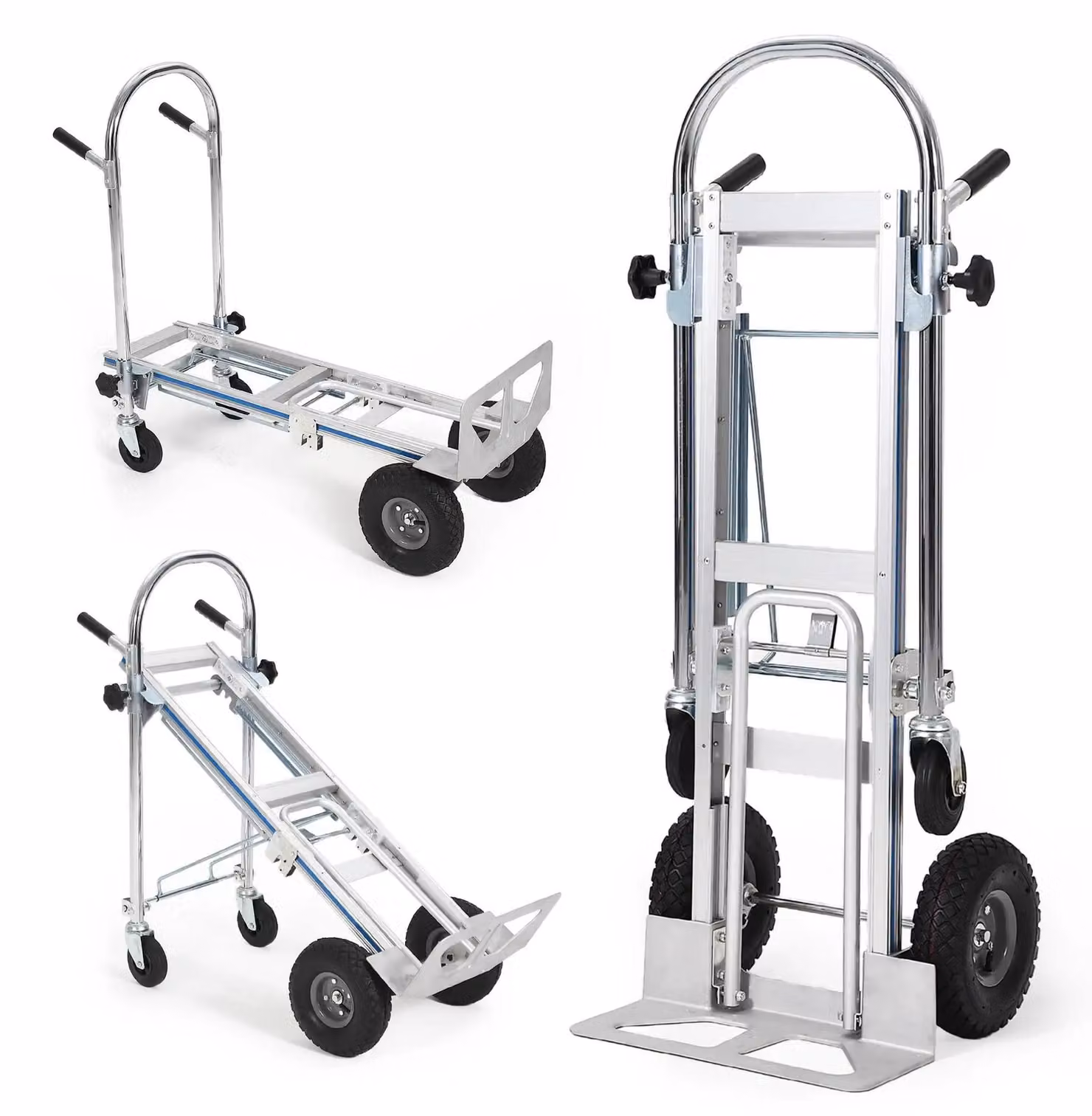 Carrello trasportatore in alluminio - 3 in 1: piattaforma pieghevole, carrello a sacco, maniglia telescopica - 4 ruote - Portata fino a 450 kg - Ideale per magazzini e giardini - Colore: argento