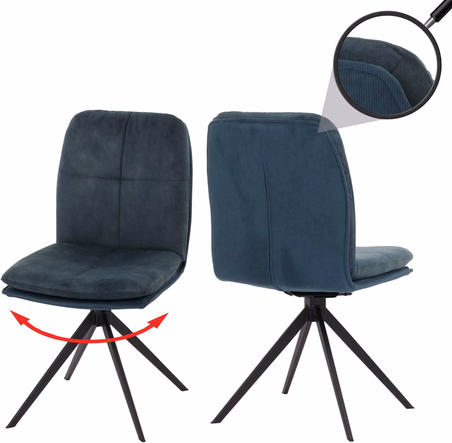 set di 2 sedie per sala da pranzo HWC-M68, poltrona da cucina, posizione girevole automatica, metallo tessuto/tessuto ~ blu