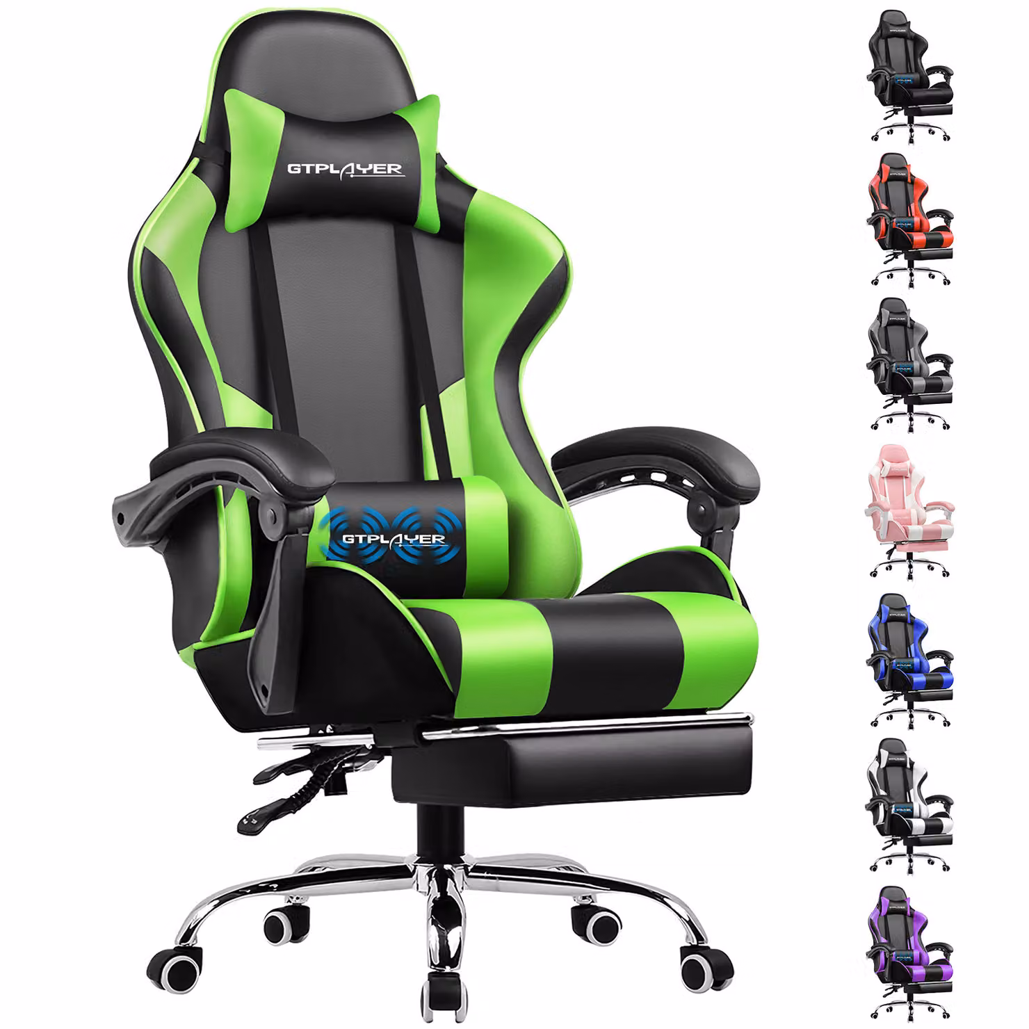 Sedia da gioco GTPLAYER, sedia da ufficio ergonomica con funzione massaggio e poggiapiedi, collegamento con maniglia, base in acciaio, verde