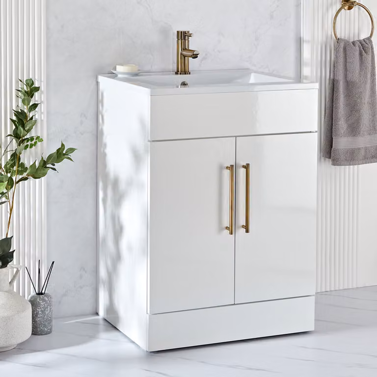 Mobile Bagno a Terra Bianco da 610mm con Lavabo e Maniglia a T in Ottone Spazzolato - Cluo