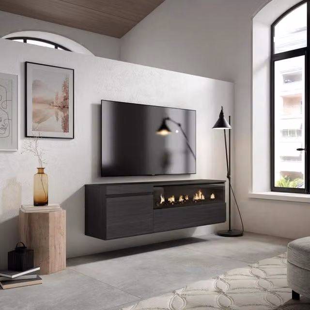 Mobile TV Soggiorno, 150x35x45cm, Per TV fino a 65", Camino elettrico, da appendere, Nero RF2486