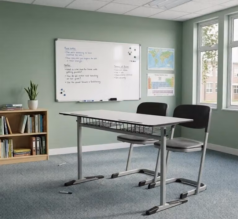 Set scolastico moderno ed ergonomico: scrivania nera e sedia a due posti