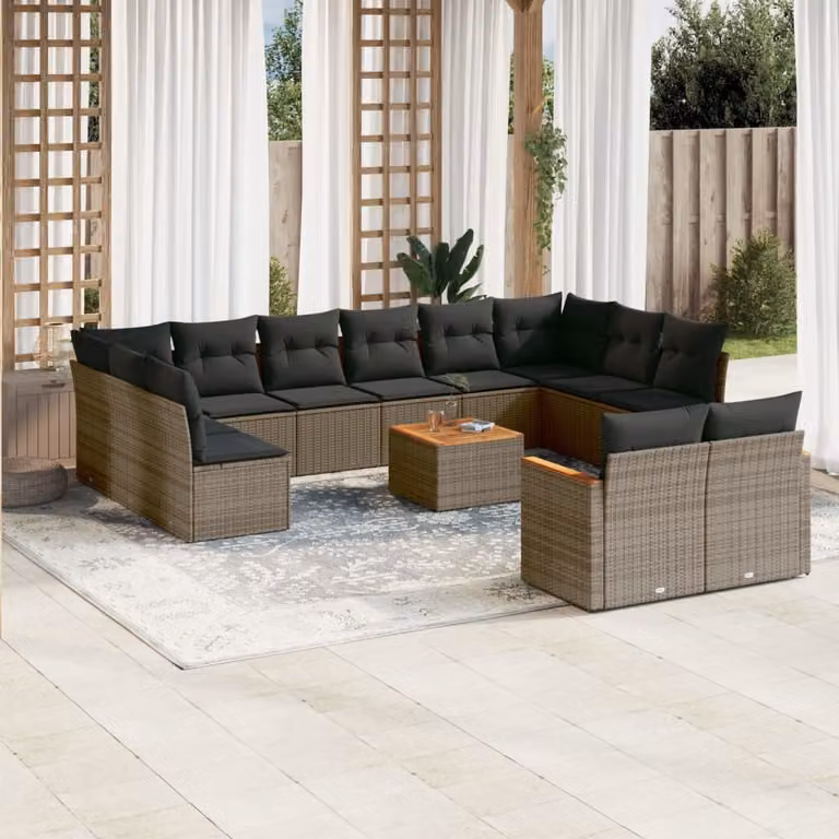 vidaXL Set di Divani da Giardino a Forma di L composto da 13 Pezzi con Cuscini Grigio e Tavolino da Caffè in Polyrattan e Acciaio