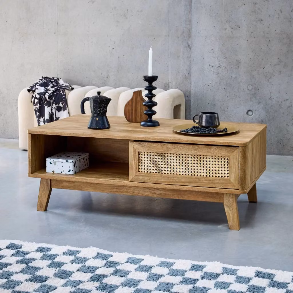 Tavolino rettangolare in legno marrone con 2 nicchie e porta scorrevole Sweeke stile mid-century L: 110 cm, P: 59 cm, H: 40 cm – 2