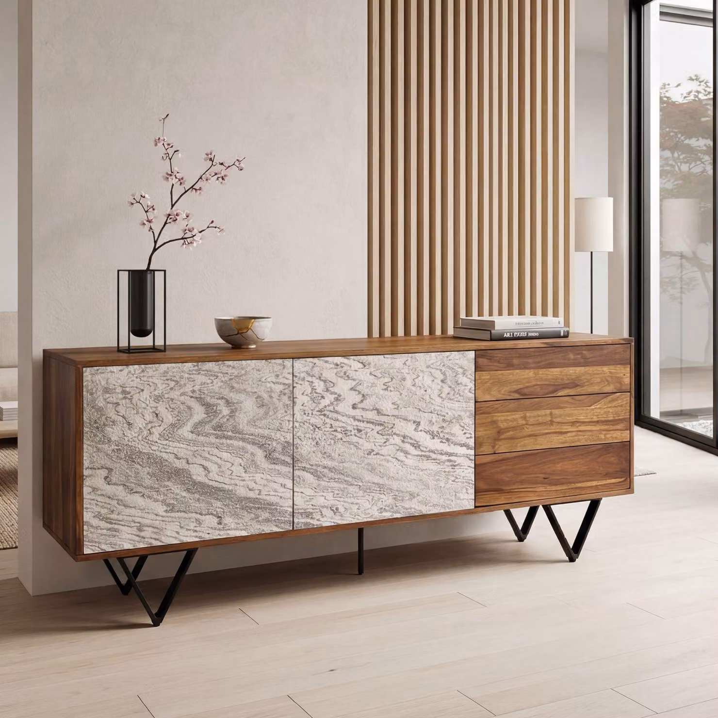 FineBuy Credenza in legno massiccio Sheesham 175 cm 2 ante e 3 cassetti - Cassettiera solida retrò effetto pietra - Credenza di design naturale - Fatto a mano Industriale