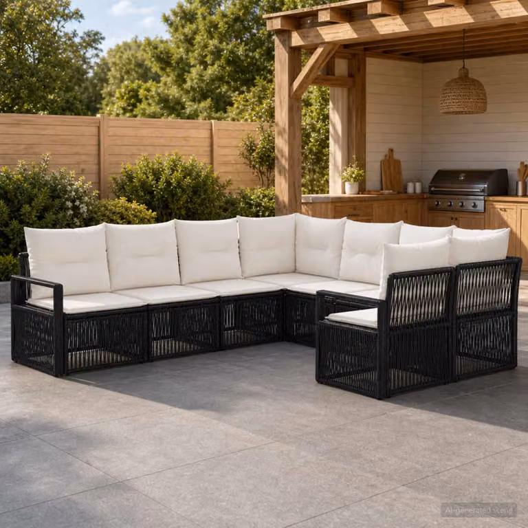 Set Divano da Giardino vidaXL a 8 posti a forma di U in Polyrattan Nero con Cuscini e Struttura in Acciaio