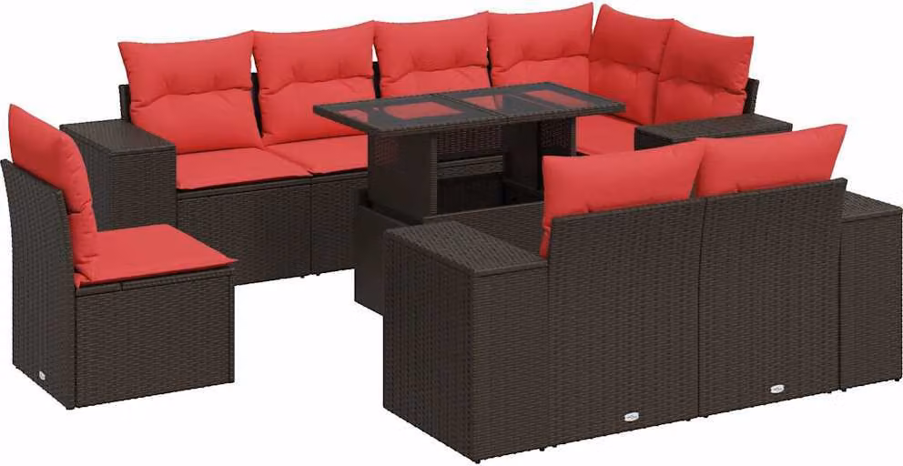 Set Divani Giardino 9 pz con Cuscini Marrone Polyrattan Acacia