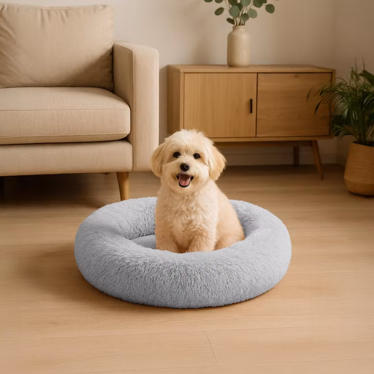 belviona donut dog bed, letto in peluche con soffice imbottitura, presa sicura e bordo ergonomico, diametro 50 cm, grigio chiaro