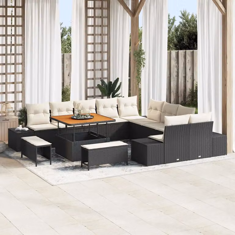 Set Divano da Giardino vidaXL 13 Pezzi in Polyrattan Nero con Cuscini e Tavolino