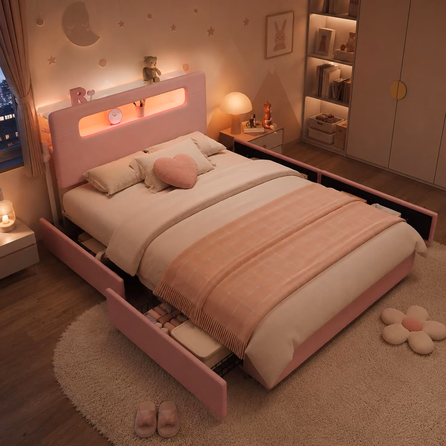 Letto imbottito MODFU, 140 x 200 cm, letto per ragazzi con 4 cassetti, letto per bambini, letto a due piazze con spazio contenitivo aperto nella testiera e illuminazione LED, senza materasso, colore rosa