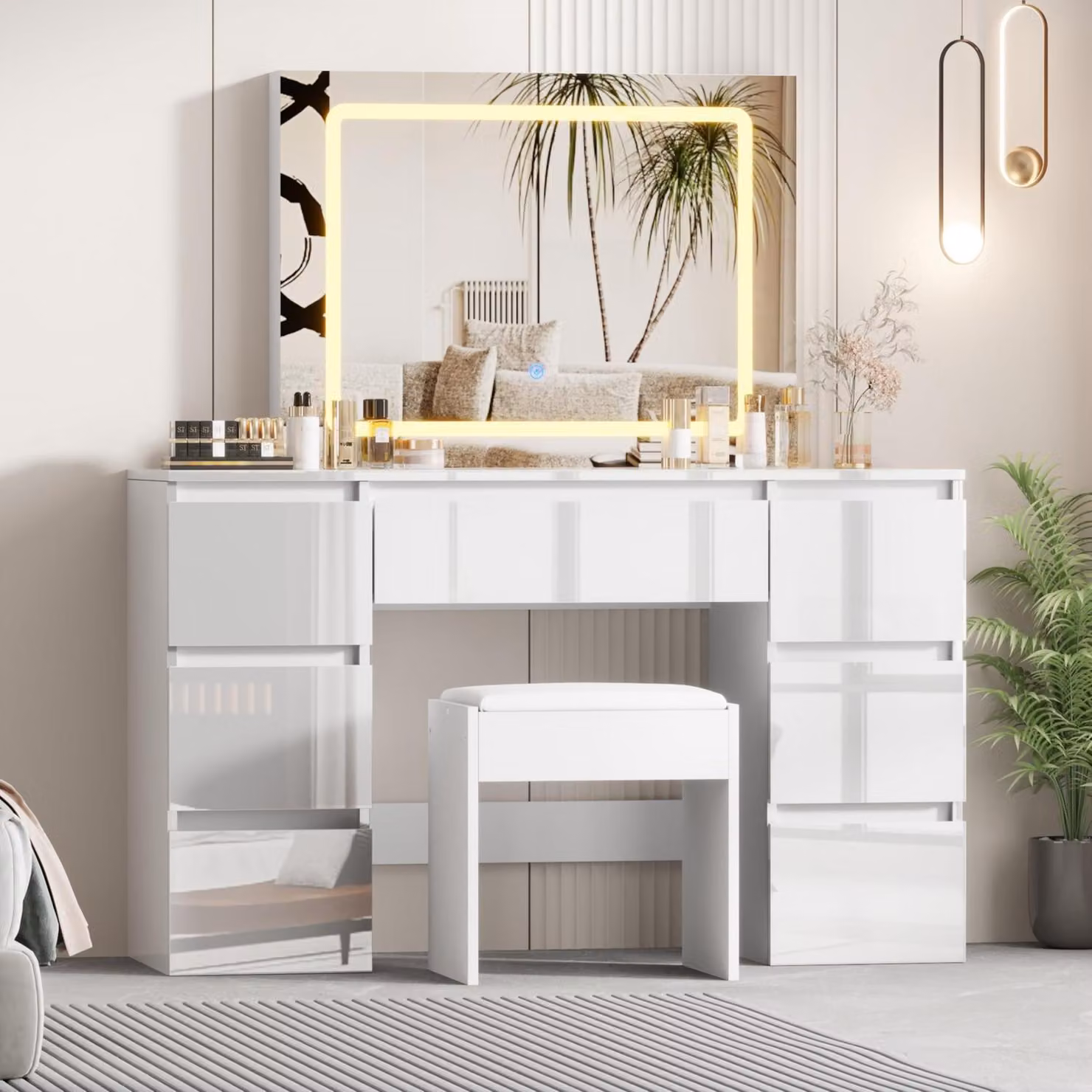 Comò da trucco con specchio e sgabello, comò per cosmetici lucido con 7 cassetti, bianco
