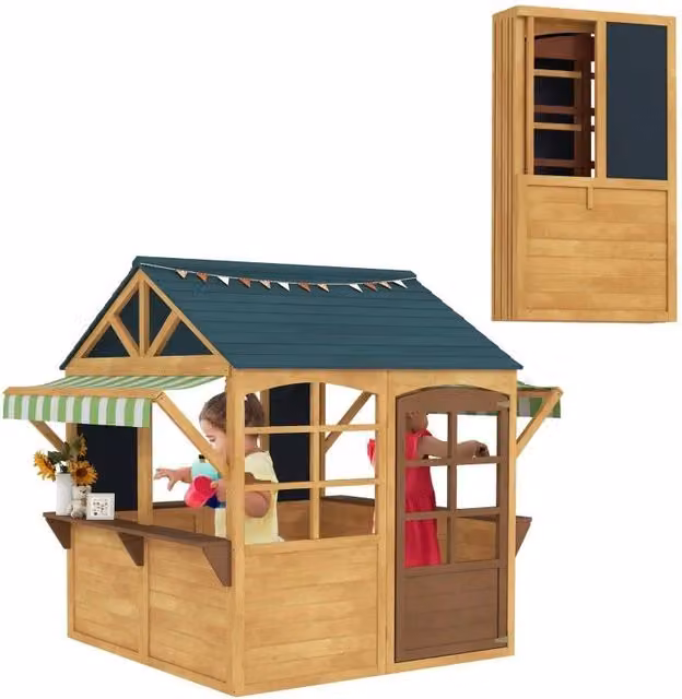 CASETTA PER BAMBINI 3-8 ANNI CON 5 FINESTRE E 2 LAVAGNE IN LEGNO DI ABETE 173X117X144 CM MARRONE E BLU