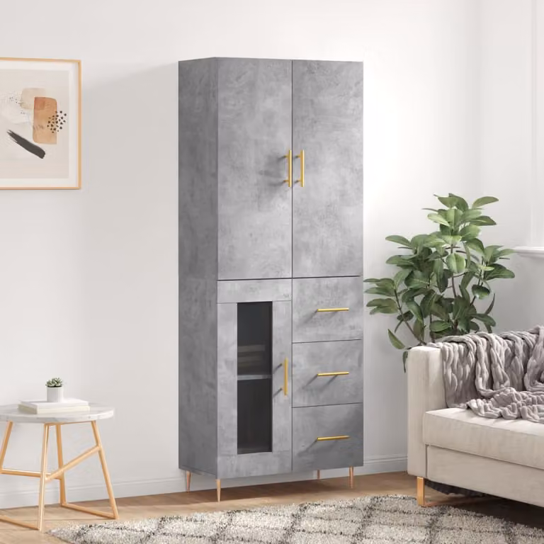 Credenza moderna vidaXL in legno multistrato e metallo, colore grigio, L: 69,5 cm, P: 34,0 cm, H: 180,0 cm
