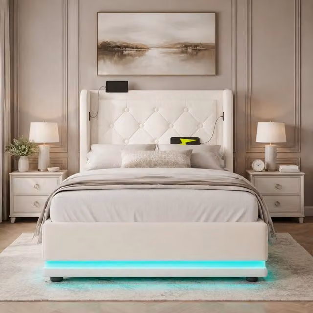 Letto imbottito 90x200 cm con contenitore, LED e USB-C in PU bianco