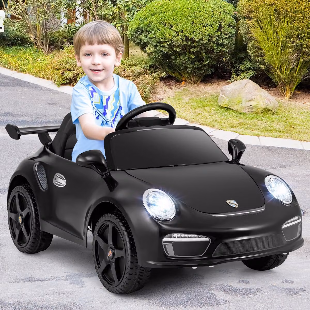 Auto elettrica Porsche per bambini Costway 12V con telecomando, musica e luci LED, colore Nero
