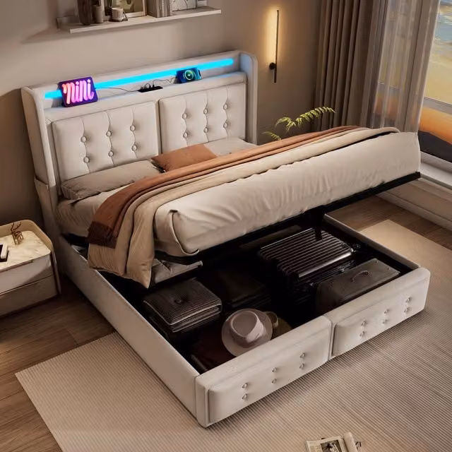 Letto matrimoniale 160x200 contenitore con testiera imbottita LED; prese USB e Tipo C; beige