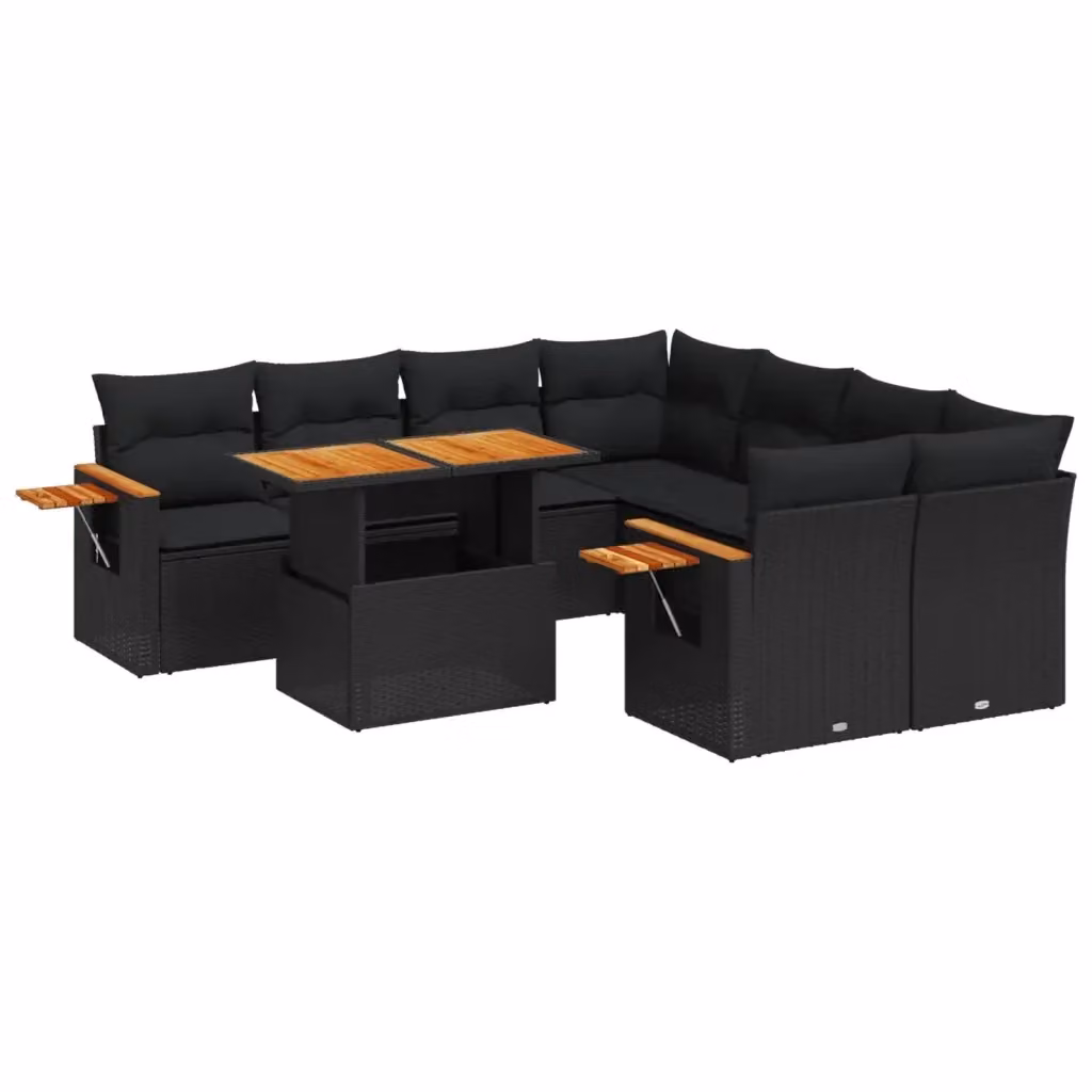 vidaXL Set Divani da Giardino a L 9 pz in Polyrattan Nero con Cuscini e Tavolino da Esterno – 2