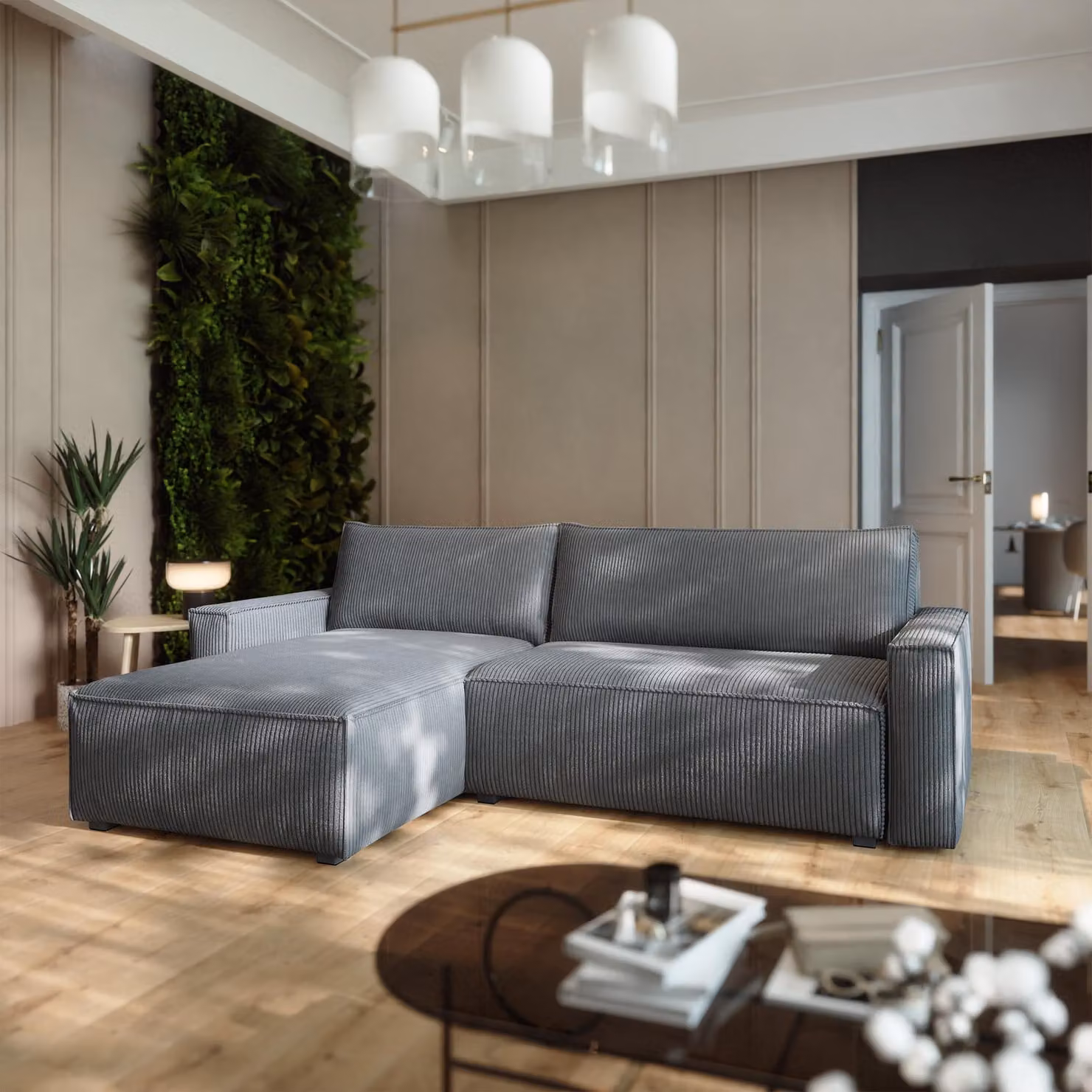 Divano angolare Masseno BESMIR con funzione letto a L, divano con box letto, divano da soggiorno, divano, divano letto, set di divani - grigio, POSO 60