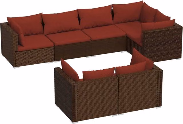 Set di mobili da giardino Outsunny in polyrattan marrone con cuscini rossi e struttura in acciaio, composizione a L con divano a 3 posti e angolo per adulti