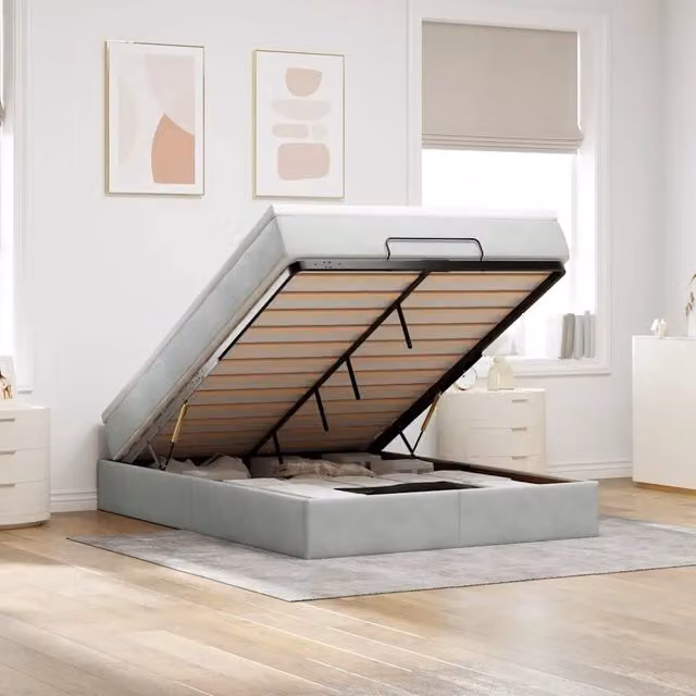 Letto con contenitore a sollevamento vidaXL in velluto con materasso L: 140 cm, P: 193 cm, H: 280 cm, colori grigio e bianco