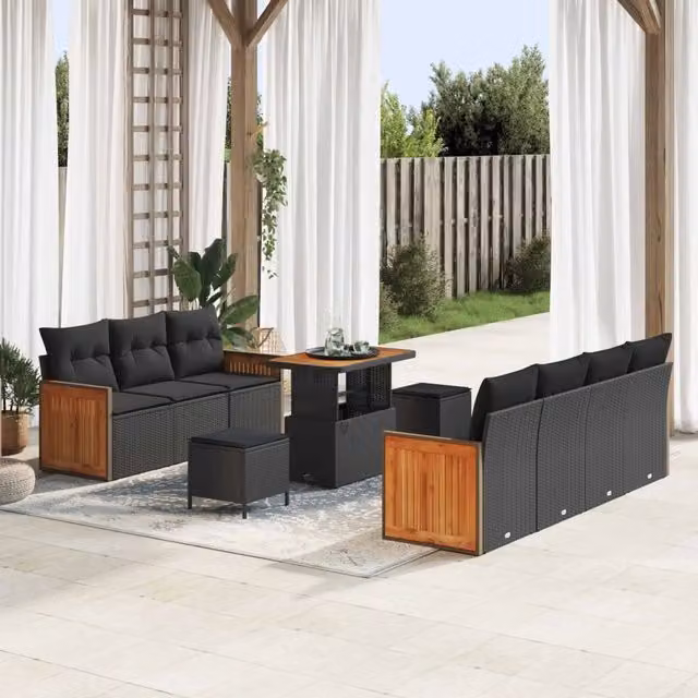 Set Divano da Giardino Moderno vidaXL in Rattan e Legno di Acacia Nero 10 Pezzi