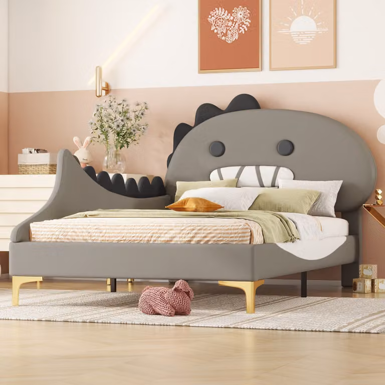 Letto imbottito Fortuna Lai, letto per bambini 90x200cm con testata a forma di dinosauro cartoon in Pelle finta, grigio