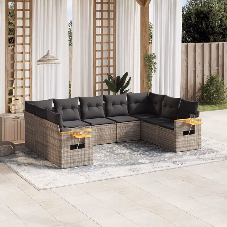 Set Divano da Giardino vidaXL 9 pz Grigio con Cuscini e Tavolino in Polyrattan e Legno di Acacia