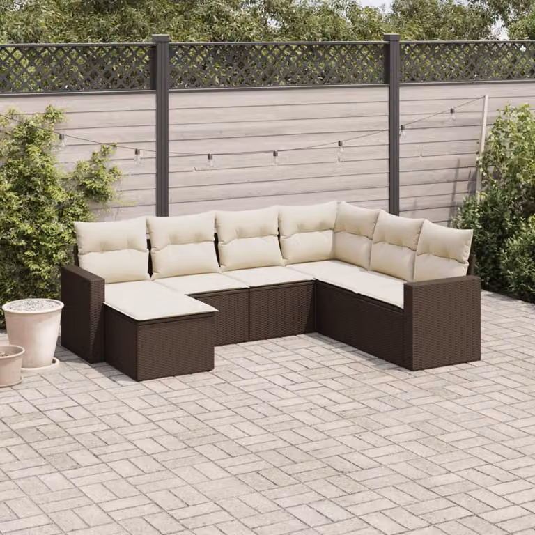 Set di Divani da Giardino vidaXL 7 Pezzi con Cuscini Marrone e Bianco in Polyrattan e Acciaio