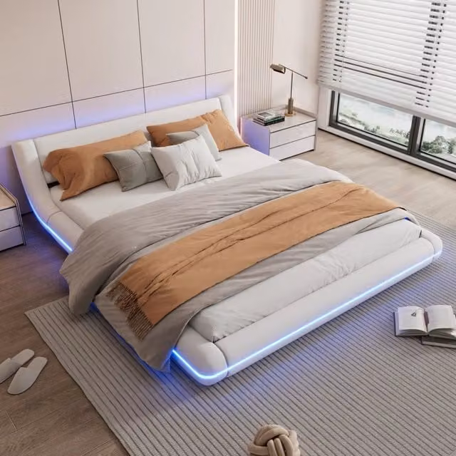 Letto matrimoniale basso 160×200 cm con LED regolabile, senza materasso, rivestito in PU bianco