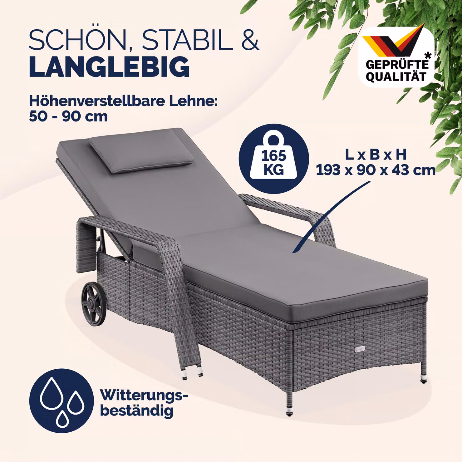 Sdraio da giardino Casaria in polyrattan grigio antracite con poggiatesta regolabile e ruote L/P/H: 193 x 90 x 43 cm – 2
