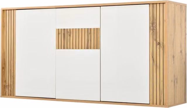 Madia Chicfurn moderna con 3 ante push to open e 6 vani, finitura bianco lucido e legno naturale, per soggiorno, L: 140 cm, P: 35 cm, H: 71 cm