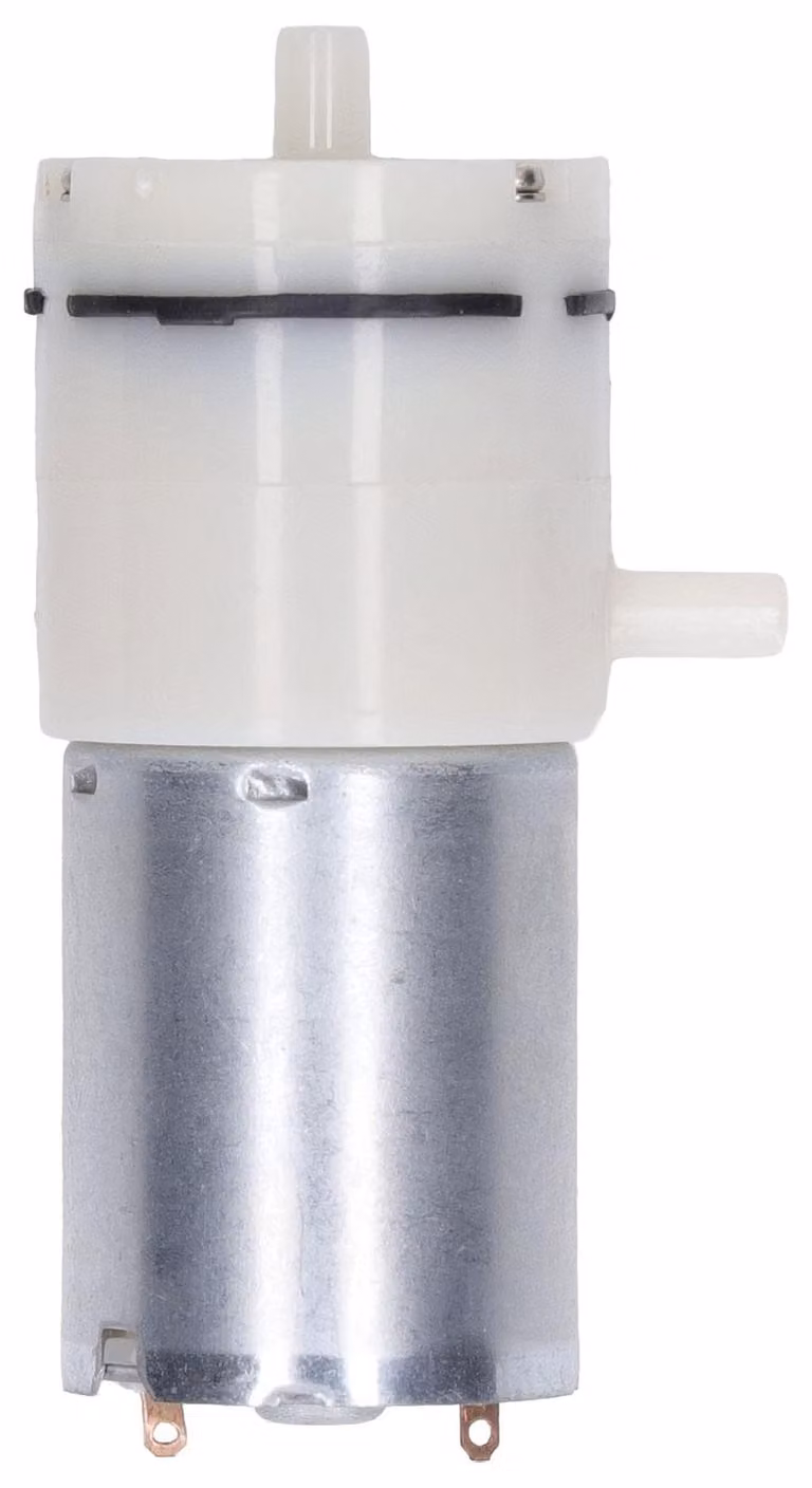 Micro-pompe a membrana DC 12V, con attacchi aria a 90°, pressione massima di 350 mmHg, funzionamento silenzioso