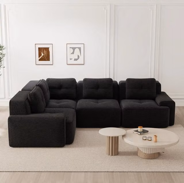 Divano angolare modulare senza montaggio 295x206x69 cm in velluto a coste nero