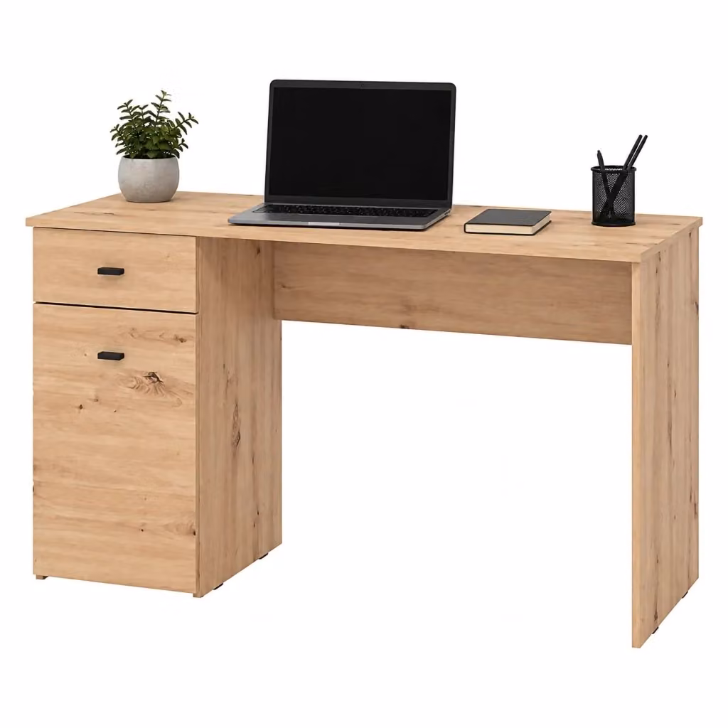 Scrivania DMORA con un cassetto, design moderno, colore marrone e nero, L 140 cm x P 50 cm x H 77 cm – 2