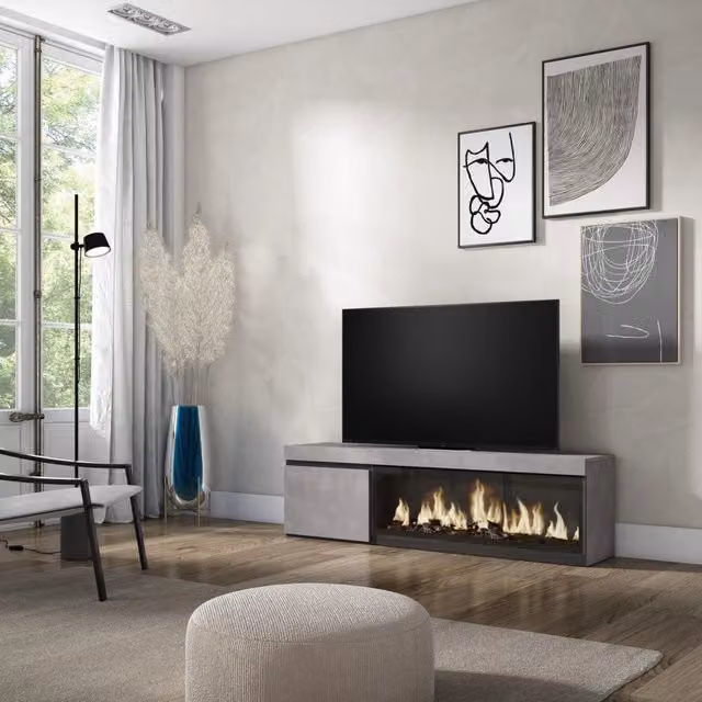 Mobile TV Soggiorno, 158x35x45cm, Per TV fino a 65", Camino elettrico XXL, grigio cemento RF3238
