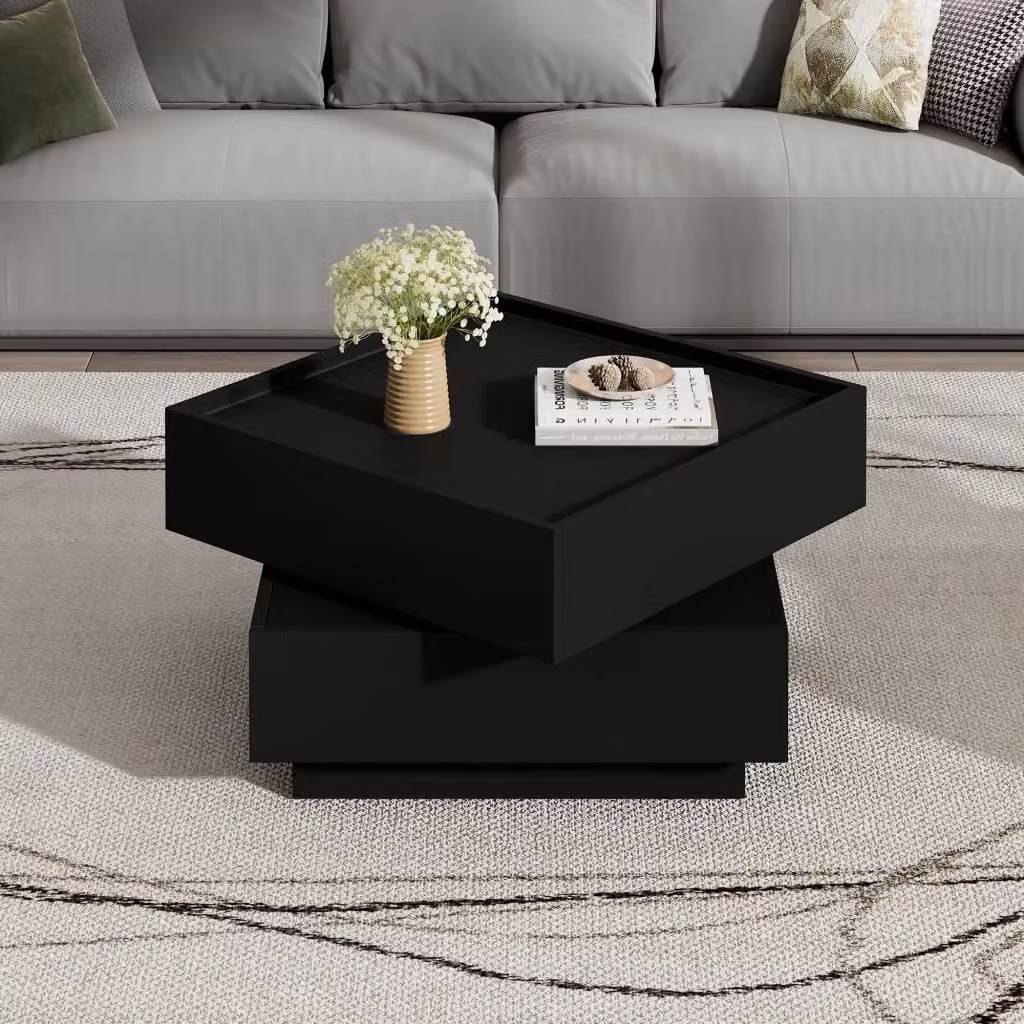 Tavolino basso MIVRAY nero con piano girevole a 360° e 2 cassetti L/P/H: 60 x 60 x 38 cm – 2