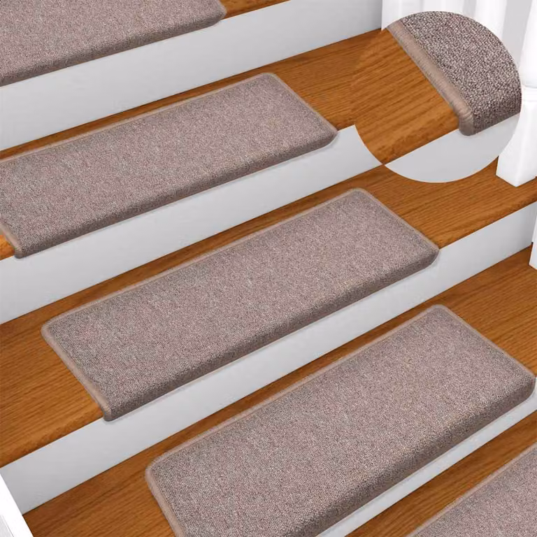Set di 15 tappetini per scale vidaXL in polipropilene, colore marrone chiaro, forma rettangolare, L 65 cm x P 21 cm x H 3,5 cm, autoadesivi e fonoassorbenti