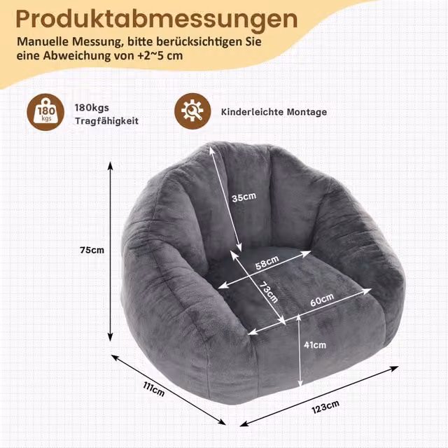 Poltrona sacco REDOM da interno in poliestere grigio con rivestimento effetto pelliccia e design moderno