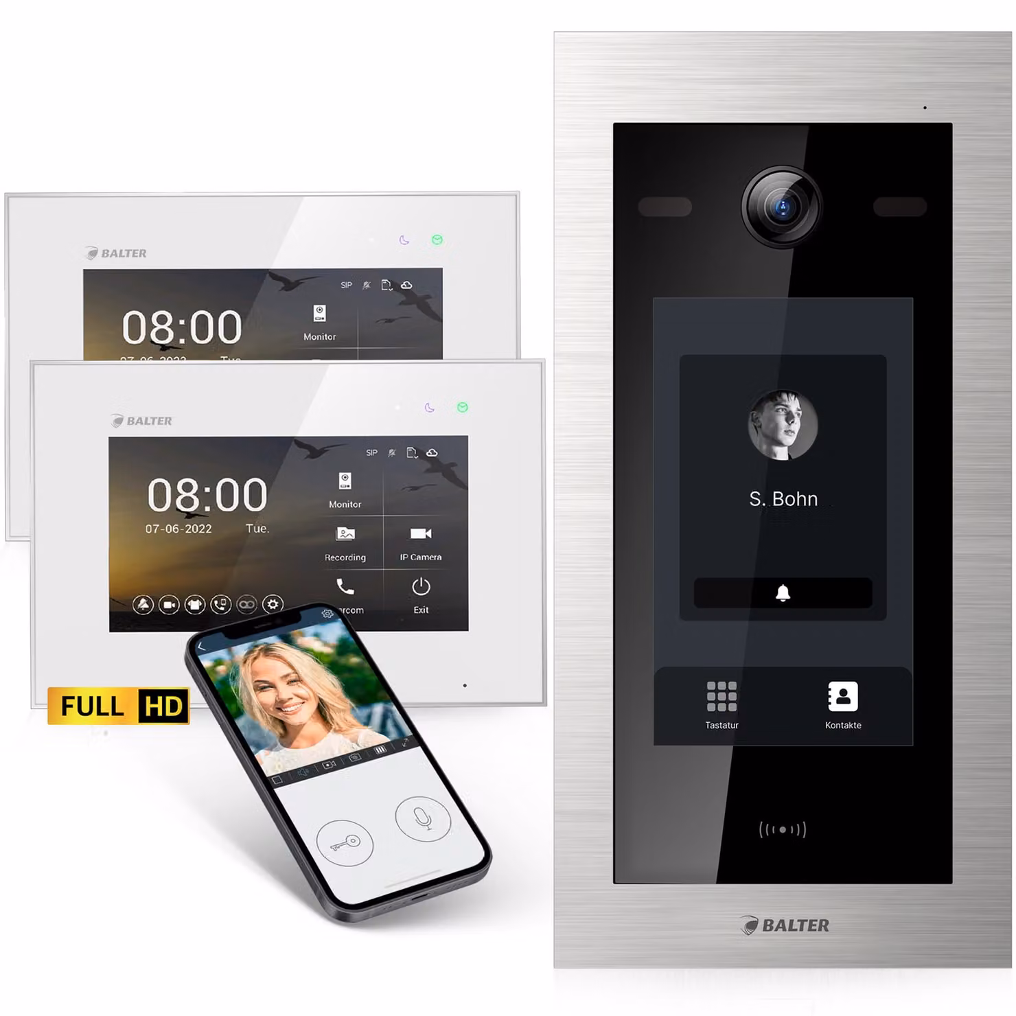 Videocitofono Balter EVO-HD con touchscreen, app per smartphone, casa per 1 famiglia, 2x monitor da 7 pollici, campanello con telecamera Full HD, bus a 2 fili