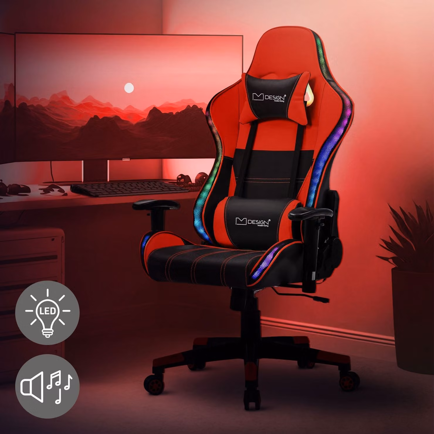 Sedia da gioco ML-Design con illuminazione LED RGB e altoparlanti Bluetooth, nero/rosso, sedia da ufficio ergonomica, schienale, poggiatesta, cuscino lombare
