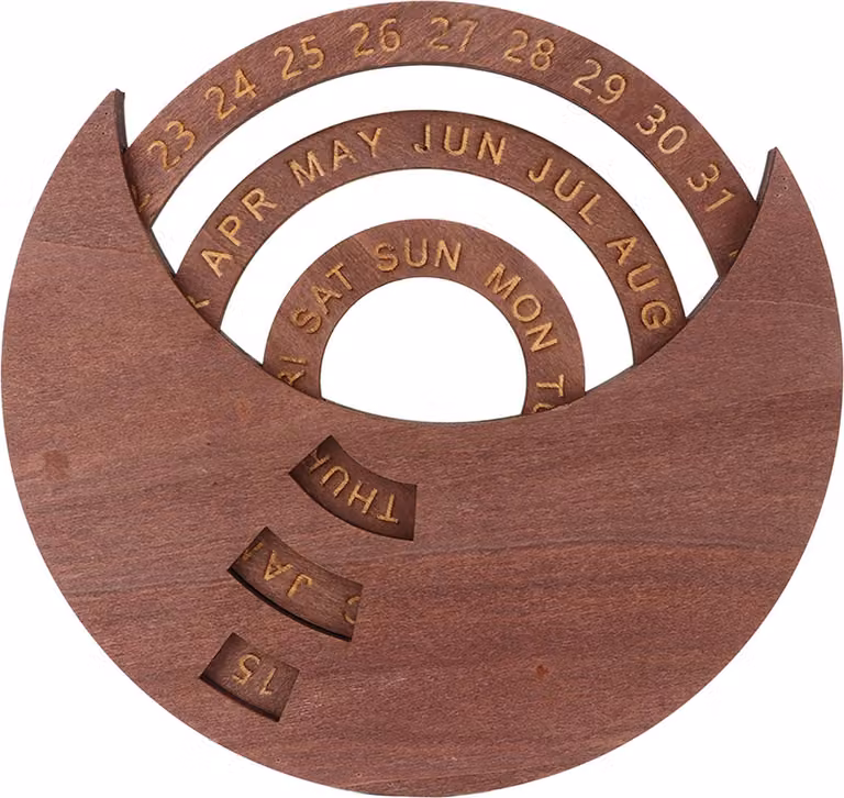 Calendario a disco in legno marrone scuro girevole in legno naturale stile vintage perpetuo per casa ufficio dormitorio