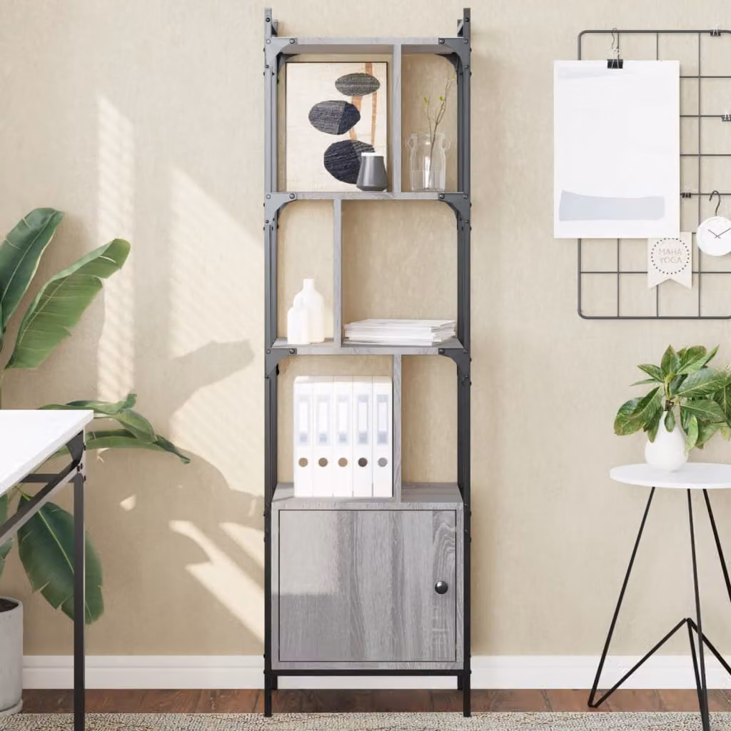 Libreria moderna vidaXL in legno e metallo con design geometrico, colore grigio, L 44,5 cm x P 15 cm x H 154,5 cm