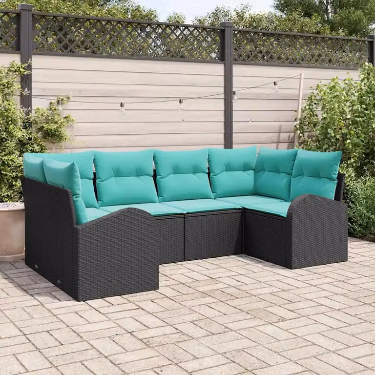 Set Divano da Giardino vidaXL 6 pz in Polyrattan con Cuscini, Colore Nero e Turchese
